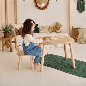 Smooth and carefully polished table and chairs set where each edge is rounded, plastic-free kids table and chairs set, montessori furniture