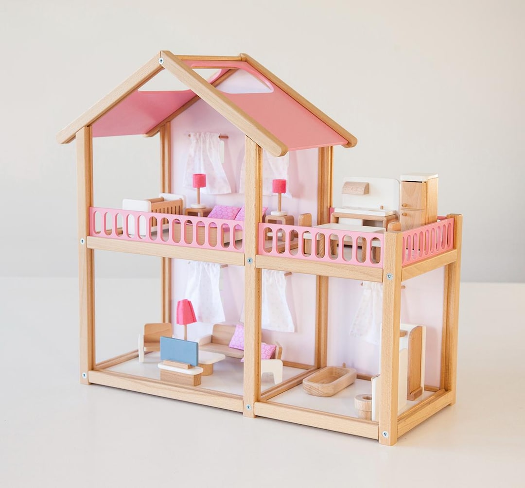 木製2階建てドールハウスセット（家具付き）、天然木製エコ