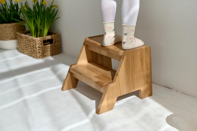 White Montessori Learning Stool, Custom Name Child Step Stool, Wooden Furniture, Bathroom Step Stool, Personalized Toddler Step Stool image 2