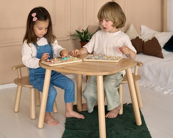 Preschool waldorf tafelset, montessori peuteronderwijs meubelset, kindertafel en stoel, kinderkamer speeltafel