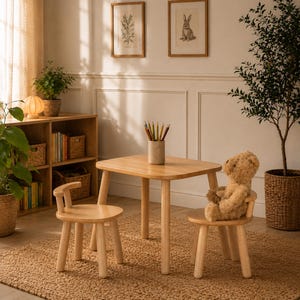 Juego de mesa y sillas, bordes redondeados, superficie lisa y cuidadosamente pulida, regalo para el Día del Trabajo, estilo Montessori.