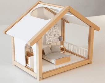 Houten poppenhuis met meubels, Montessori-poppenhuisspeelset voor peuters, miniatuur kinderdagverblijfspeelgoed voor kinderkamer, verjaardagscadeau voor kinderen