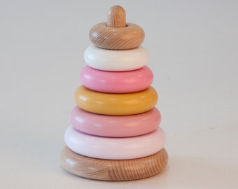 Montessori pyramid, Gentle colors wooden stacking rings, Early development stacker toy, Gift for one years old girl, Waldorf toy