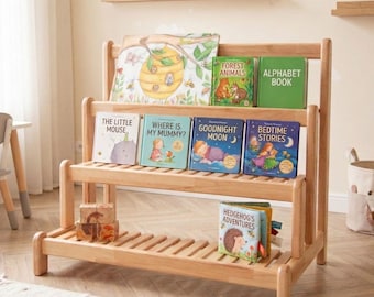 Montessori Beech Wood Kids Book Shelf, Gift For 2 Years Old Boy or Girl