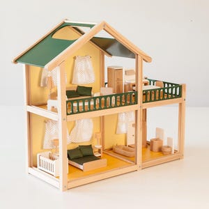 幼児用家具付きの2階建て、前面開放型木製ドールハウス - Etsy 日本