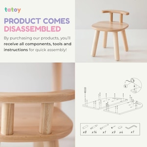 K&ouml;nnte beinhalten: Ein kleiner, hellfarbiger Holzstuhl mit geschwungener R&uuml;ckenlehne und vier abgerundeten Beinen. Der Stuhl wird in einer hellen, gut beleuchteten Umgebung gezeigt. Der Text auf dem Bild lautet "PRODUCT COMES DISASSEMBLED" und "By purchasing our products, you'll receive all components, tools and instructions for quick assembly!"