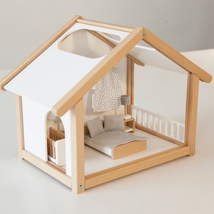 Wooden dollhouse with furniture, Montessori doll house play set for toddlers, miniature nursery toys for kids room, birthday gift for kids