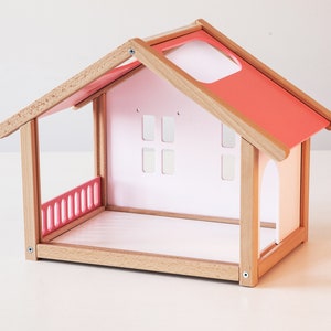 Small wooden portable dollhouse with furniture set, pink doll house set, natural wood toy, unique gifts for boys and girls from grandparents