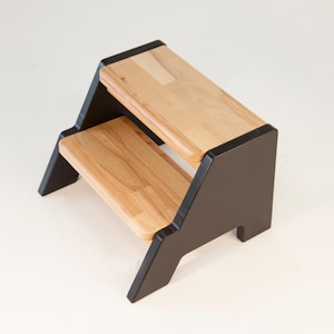 Custom step stool toddler, slightly angled outward solid base step stool, balanced and safe, wide steps to climb up and down