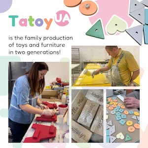 May include: Image showcasing the production of wooden toys and furniture. The image includes workers painting and assembling various colorful wooden shapes, including circles, triangles, and hearts. The text "Tatoy UA" is visible, along with the text "is the family production of toys and furniture in two generations!"