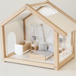 Casa de muñecas pequeña para niños y niñas, juego de casa de muñecas de madera blanca, muebles de casa de muñecas para niños pequeños hechos a mano en verde, regalo de Pascua para nieto