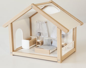 Small doll house for boy and girl, wooden white doll house set, green handmade toddler doll house furniture, best gift for first grandchild