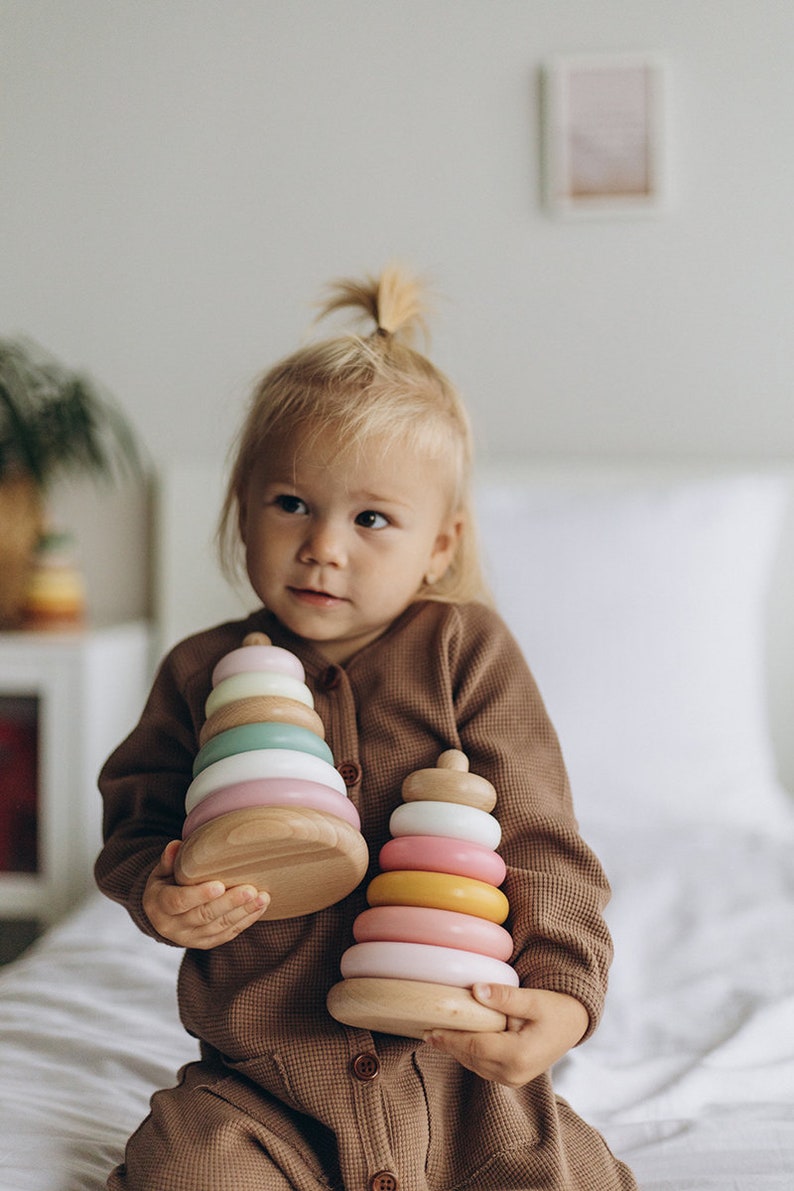 Blue Pyramid Stacking Toy, Development Toys, Natural Wood Toy, Color