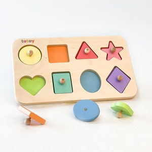 Shape sorting toy, wooden shape sorter, color sorting toy, wooden shape puzzle, baby boy gift, easter gift child, happy easter image 1