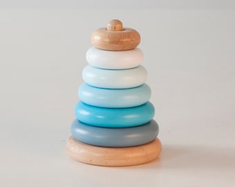 Ocean blue pyramid wooden stacking toy, color sorting toy, wooden rainbow toy, tower of rings stacking toy, Easter gift for 1 year old