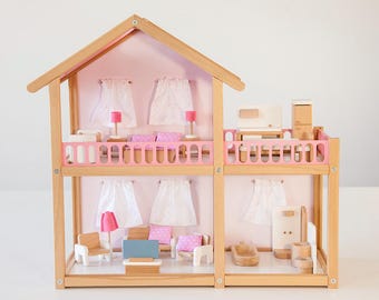 大型木製家具付き前面開閉式ドールハウスコテージセット - Etsy 日本