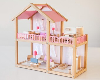 部屋と家具付きの大きな木製ドールハウスセット、環境に優しいおもちゃ
