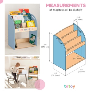 May include: A light blue montessori bookshelf with three shelves and a bottom shelf. The bookshelf is 61.9 cm tall, 50 cm wide, and 30.3 cm deep. The text "MEASUREMENTS of montessori bookshelf" is visible. The bookshelf has a name "Noah".