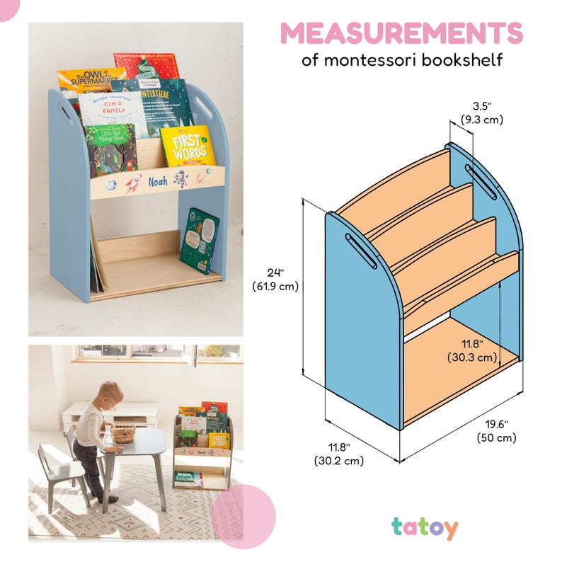 May include: A light blue montessori bookshelf with three shelves and a bottom shelf. The bookshelf is 61.9 cm tall, 50 cm wide, and 30.3 cm deep. The text "MEASUREMENTS of montessori bookshelf" is visible. The bookshelf has a name "Noah".