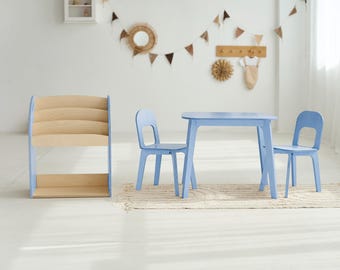 Plywood Kids Bookshelf, Table, and 2 Chairs Set, Montessori Playroom Furniture