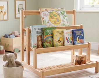 Toddler 3 tier Beech Wood Book Rack, Front Facing Bookshelf, Gift 2 Years Old