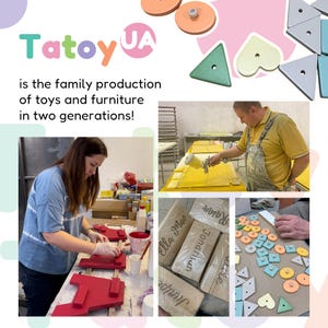 May include: Image showcasing the production of wooden toys and furniture. The image includes workers painting and assembling various colorful wooden shapes, including circles, triangles, and hearts. The text "Tatoy UA" is visible, along with the text "is the family production of toys and furniture in two generations!"