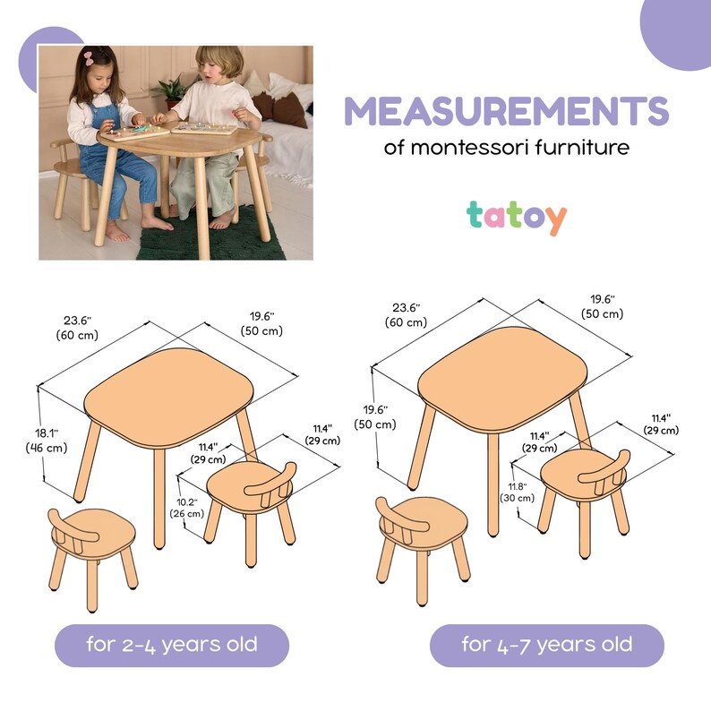 K&ouml;nnte beinhalten: Montessori-M&ouml;belset f&uuml;r Kinder, bestehend aus einem Tisch und zwei St&uuml;hlen. Der Tisch ist 60 cm lang und 50 cm breit. Die St&uuml;hle sind 29 cm breit. Das Bild zeigt auch ein Set f&uuml;r &auml;ltere Kinder.