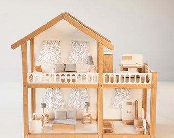 Big wooden doll house white set with furniture, unique holiday gift, home gift, best toddler gift, handmade gift, kids birthday gift