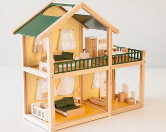 Green dollhouse playset, modern dollhouse set, casa de muñecas, puppenhaus, casa bambole legno, gifts for sister, kids birthday gift