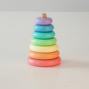 Wooden rainbow stacking toy for babies and toddlers, Montessori inspired pastel ring tower, sensory educational gift for baby development
