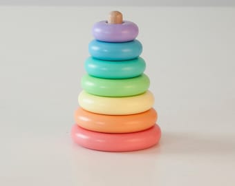 Wooden rainbow stacking toy for babies and toddlers, Montessori pastel ring tower, sensory educational gift for baby first Christmas