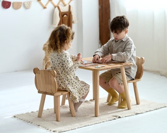 Montessori desk set with teddy bear shaped 2 chairs, preschool waldorf kids play table and chairs set, education furniture set