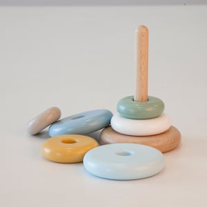 Colorful ring stacking tower for babies, natural wood toddler toy to explore balance, shape and coordination, baby first birthday gift
