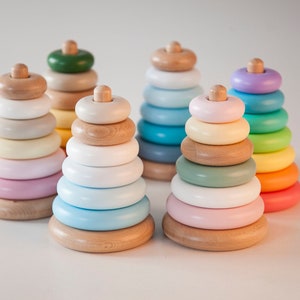 Montessori wooden pyramid, stacking toy for toddlers, rainbow or pastel baby toy, first birthday gift, eco nursery decor, wooden rings