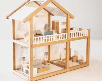 Large wooden doll house white, doll house set, wooden play kitchen, niece gift from aunt, eco friendly toy, natural wood toy, gifts for kids