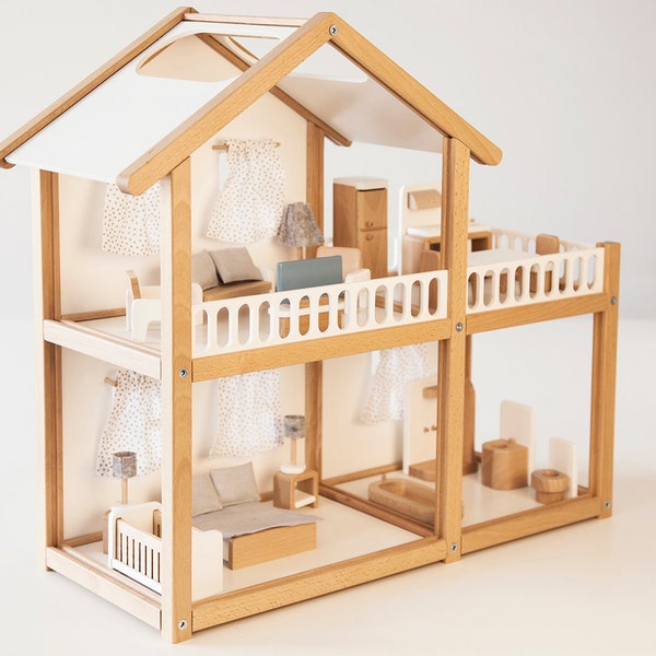 Grande maison de poupée en bois blanche, ensemble de maison de poupée, cuisine de jeu en bois, cadeau de nièce de tante, jouet écologique, jouet en bois naturel, cadeaux pour enfants