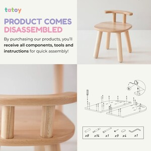 May include: A small, light-colored wooden chair with a curved backrest and four rounded legs. The chair is shown in a bright, well-lit setting. Text on the image reads "PRODUCT COMES DISASSEMBLED" and instructions for assembly are included.