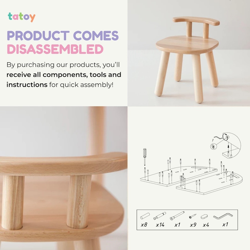 May include: A small, light-colored wooden chair with a curved backrest and four rounded legs. The chair is shown in a bright, well-lit setting. Text on the image reads "PRODUCT COMES DISASSEMBLED" and instructions for assembly are included.