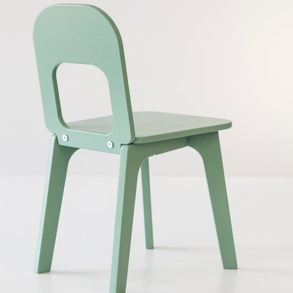 Stylish wooden chair for kids, Green chair for home playroom, Minimalist Montessori furniture for childrens room, Educational furniture