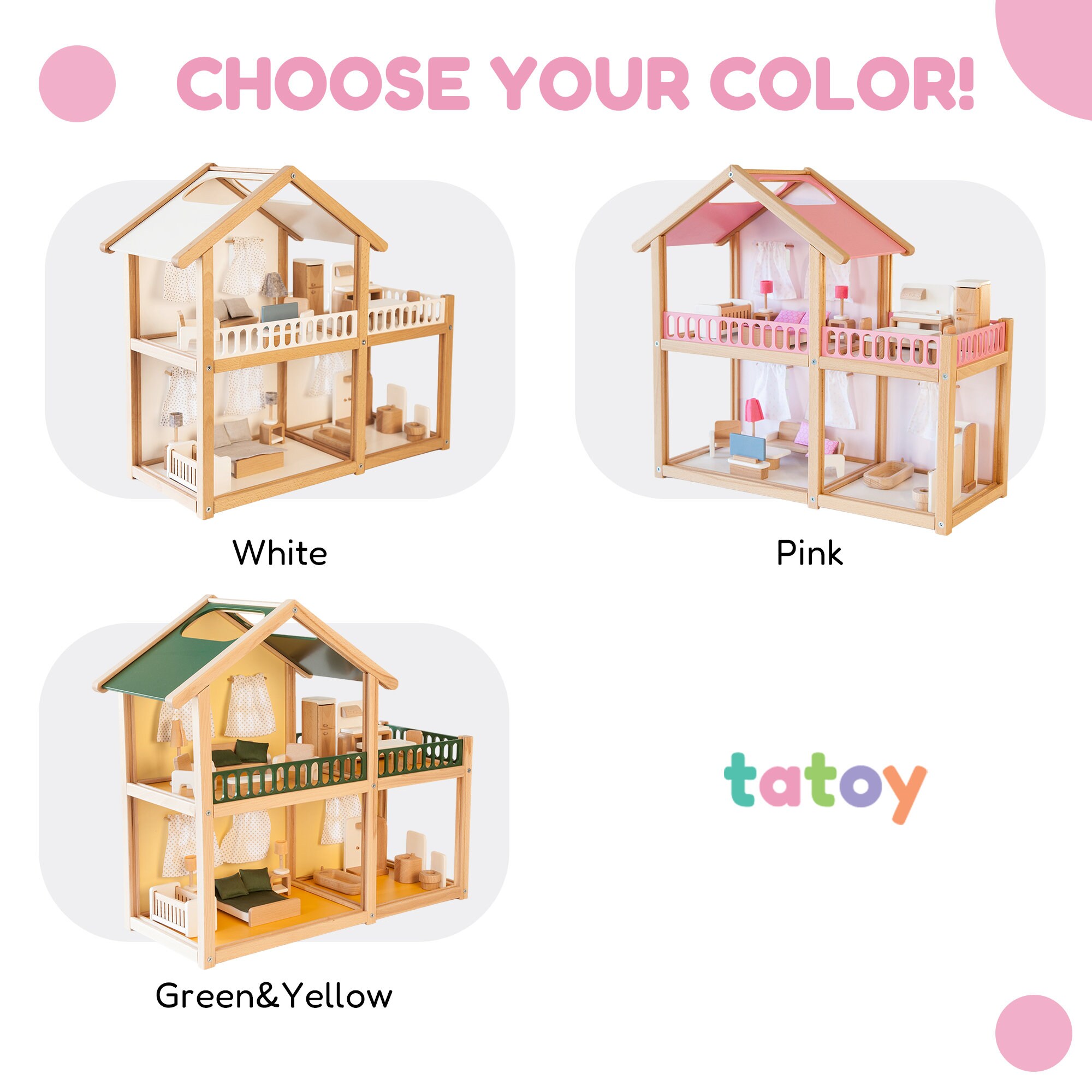 Large Wooden Doll House Set With Rooms and Furniture, Eco Friendly Toy ...