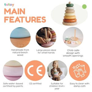 May include: A wooden stacking toy with a light green top ring, followed by rings in cream, yellow, orange, and brown. The image also shows the text "tatoy MAIN FEATURES" and other product features.