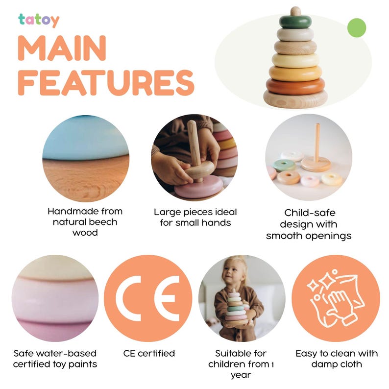 May include: A wooden stacking toy with a light green top ring, followed by rings in cream, yellow, orange, and brown. The image also shows the text "tatoy MAIN FEATURES" and other product features.