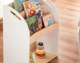 Personalized Toddler Montessori Bookshelf, Waldorf Book Organizer for Kids, Children Toy Playroom Storage