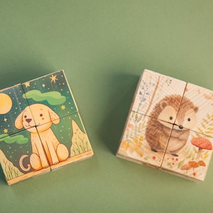 Baby Blocks Set with Animals, Gender-neutral toddler gift, Small Square Wood Blocks 4x4, Sorting Blocks Puzzle Toy, Picture Puzzle