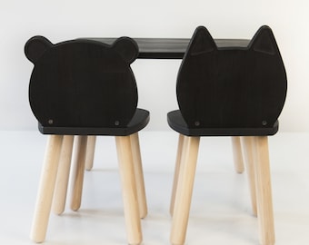 Table and 2 chairs set, cat and bear chair shape, preschool montessori table set, waldorf furniture, kids play table chair, education desk