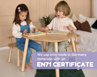 Scandi kids table and chairs set with EN 71 certificate, waldorf toddler table, montessori minimalist furniture set, hygge wood toddler set