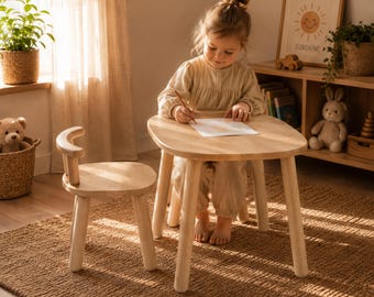 Curved Beech Wood Kids Table and Chair Set, Montessori Furniture, Preschooler Gift