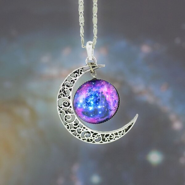Silver Crescent Moon Galaxy Pendant Necklace Spiritual Wiccan Pagan Native Witch