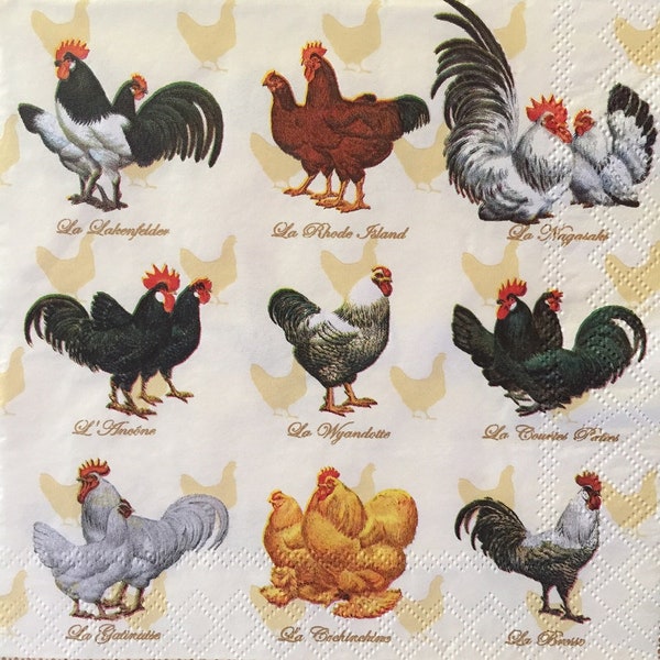 3 Decoupage Napkins, Wyandotte Rooster Hen, 13" x 13" Unfolded