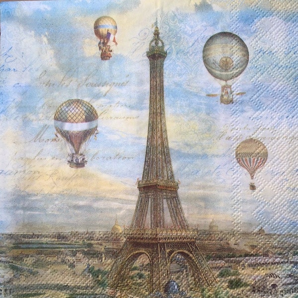 3 découpage serviette, ballons sur Paris Tour Eiffel, 13 "x 13" déplié